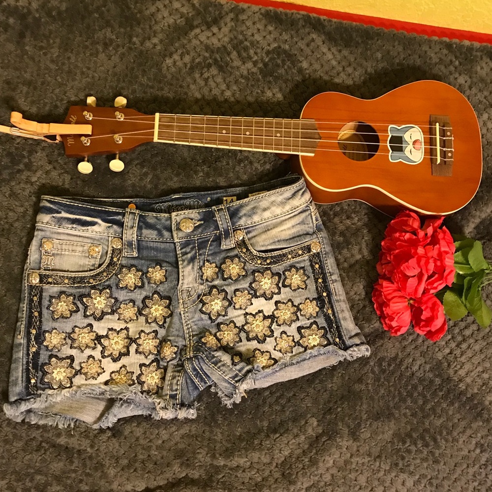 MISS ME Jeweled Floral Denim Shorts